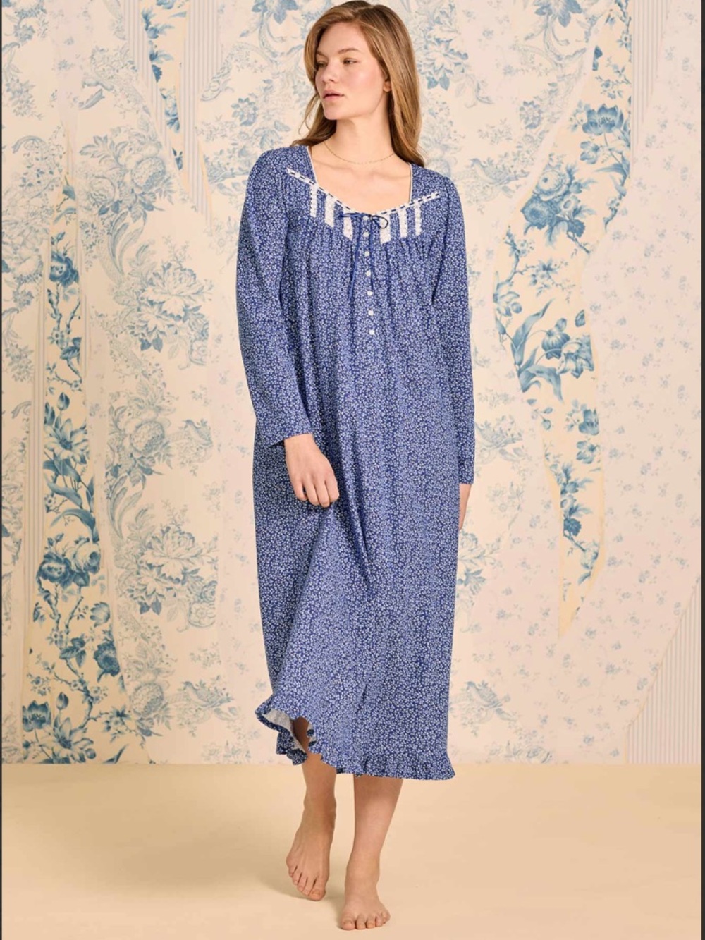 Eileen West Navy Floral Cotton Nightgown with Lace Trim